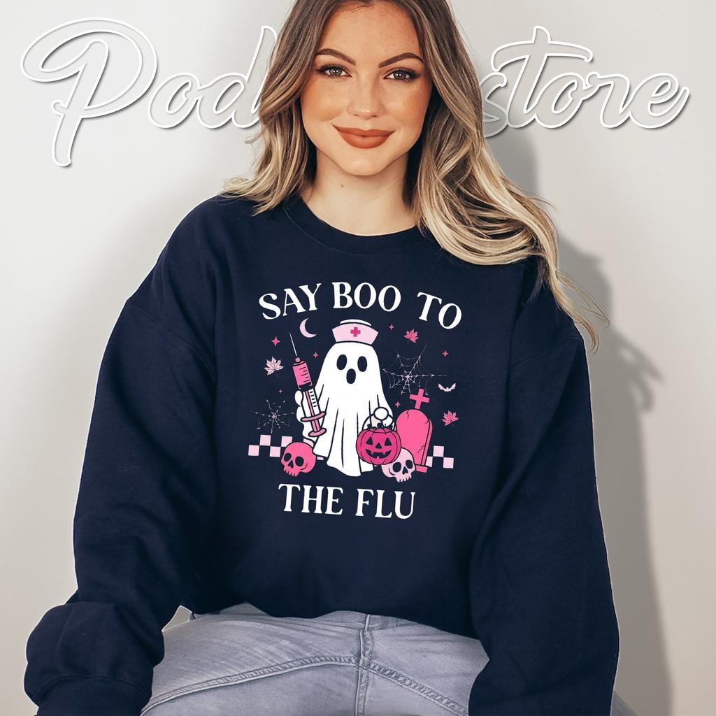 Boo To Flu Nurse Vaccine Ghost Shirt Funny Halloween Apparel Graphic Boo To Flu Nurse Vaccine Ghost Shirt Funny Halloween Apparel Graphic