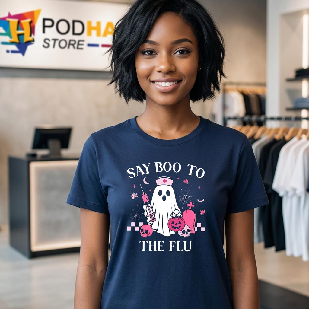 Boo To Flu Nurse Vaccine Ghost Tee Funny Halloween Apparel Graphic Boo To Flu Nurse Vaccine Ghost Tee Funny Halloween Apparel Graphic