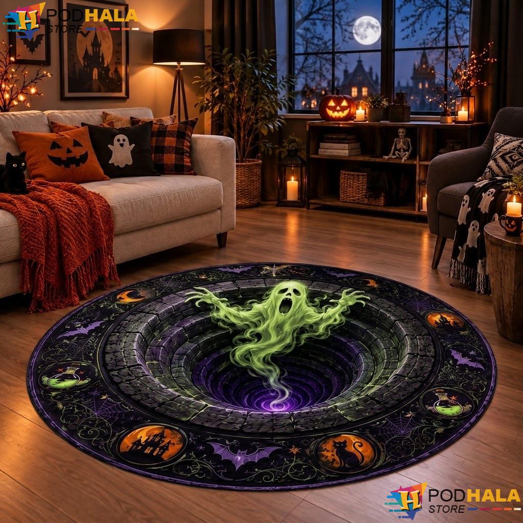 Bottomless Pit Skeleton Halloween Round Area Rug 3D Spooky Pumpkin Mat