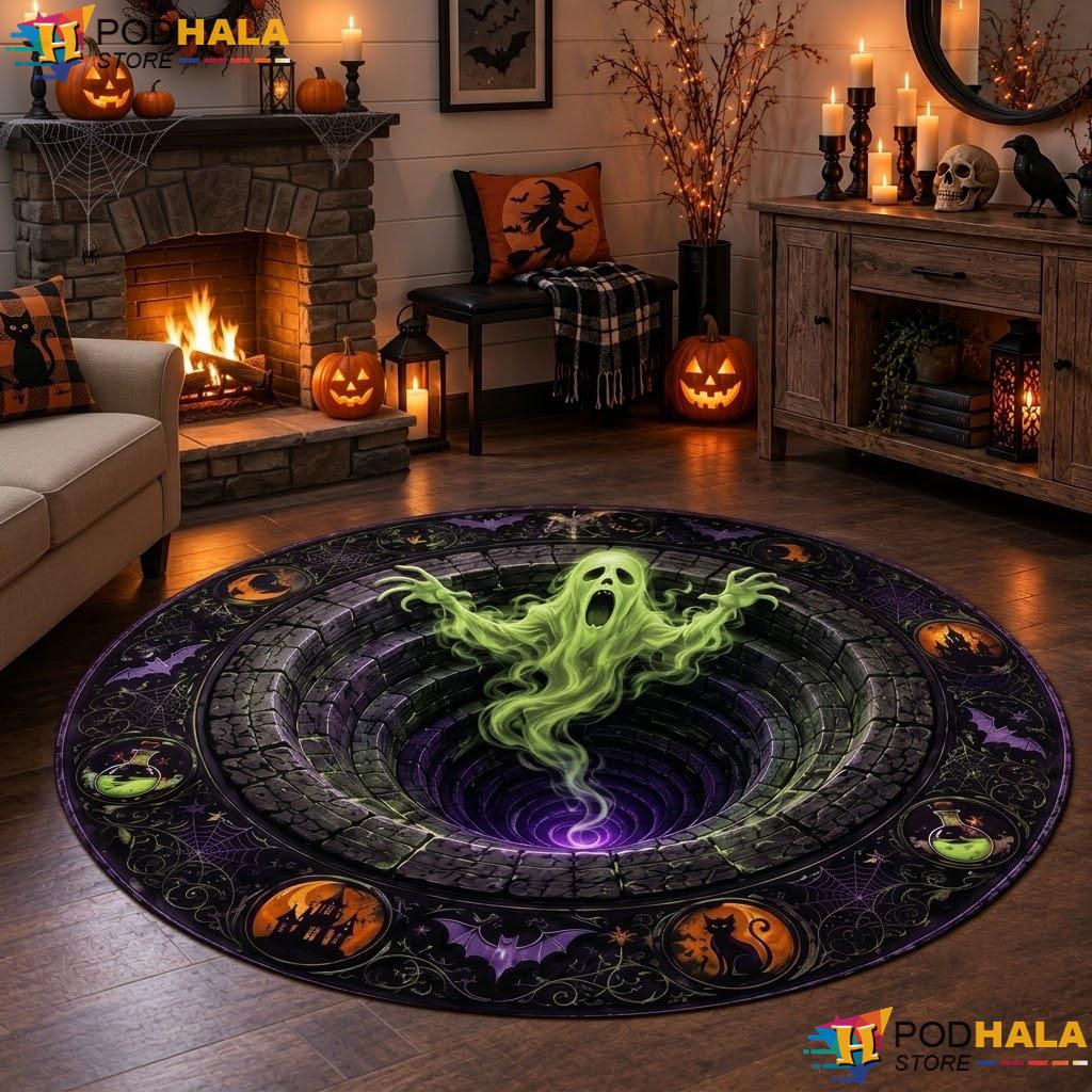 Bottomless Pit Skeleton Halloween Round Area Rug 3D Spooky Pumpkin Mat - View 1 Bottomless Pit Skeleton Halloween Round Area Rug 3D Spooky Pumpkin Mat - View 1