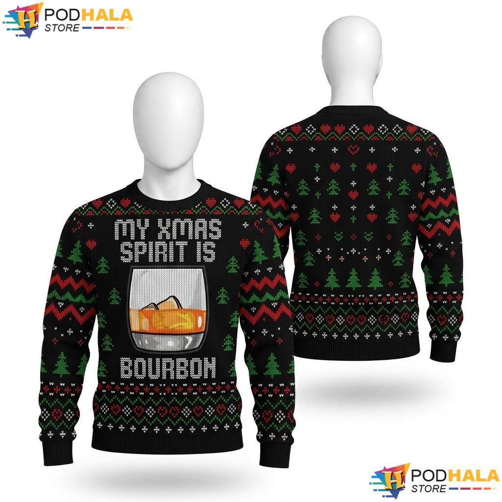 Bourbon Xmas Spirit Ugly Christmas Sweater Funny Drinking Holiday Top
