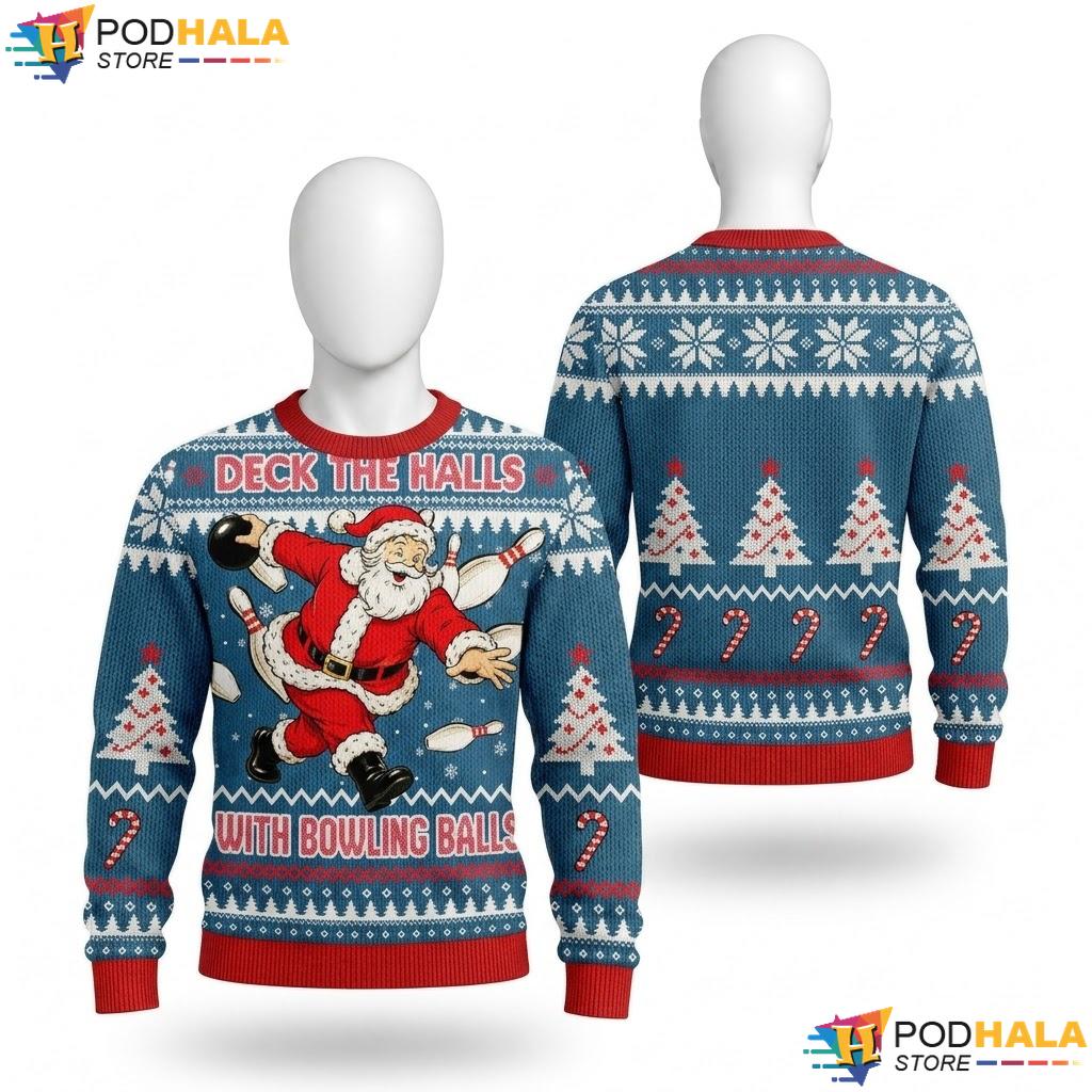 Bowling Balls Ugly Christmas Sweater Funny Santa Deck The Halls Apparel