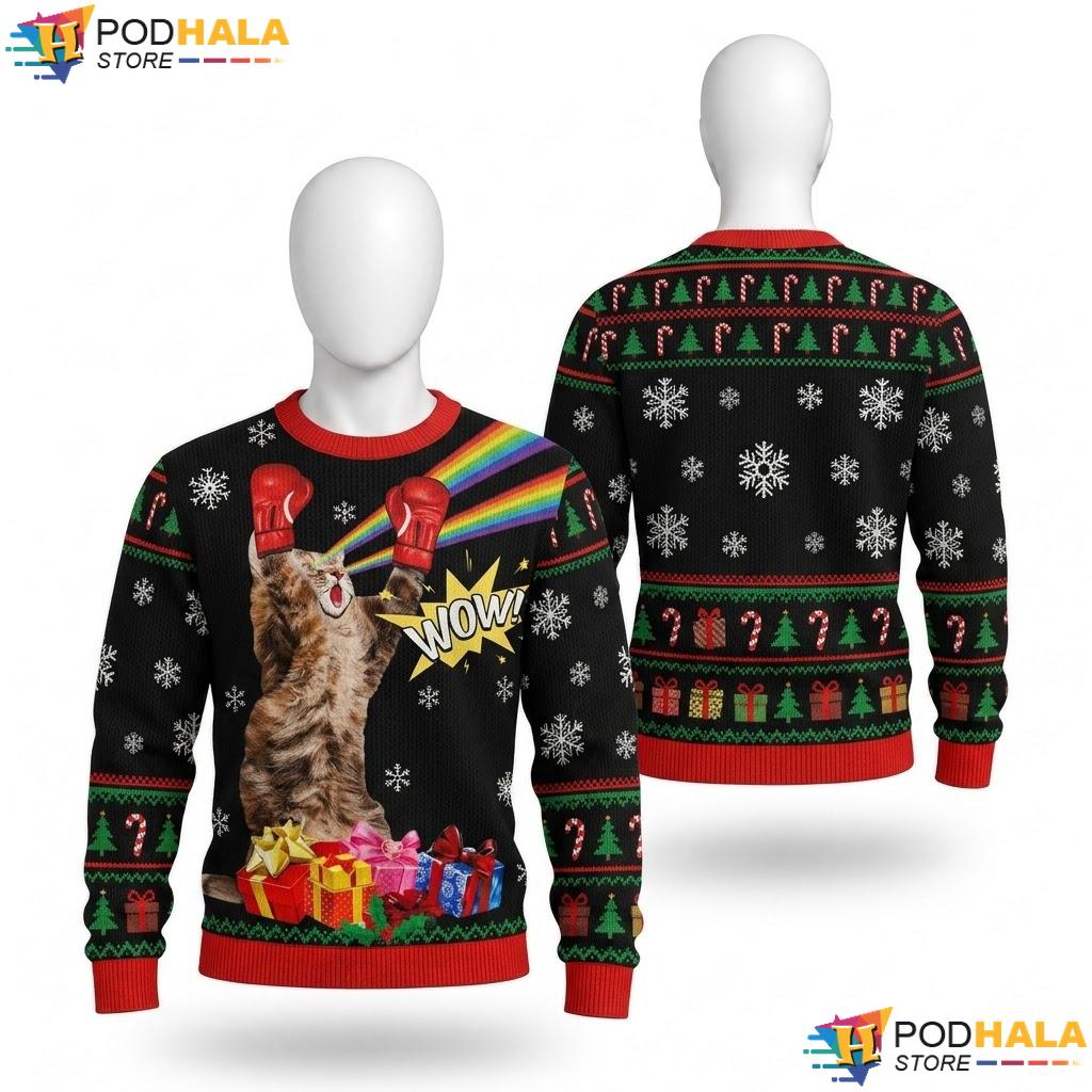 Boxing Cat Quirky Snowflake Sweater Funny Colorful Christmas Apparel