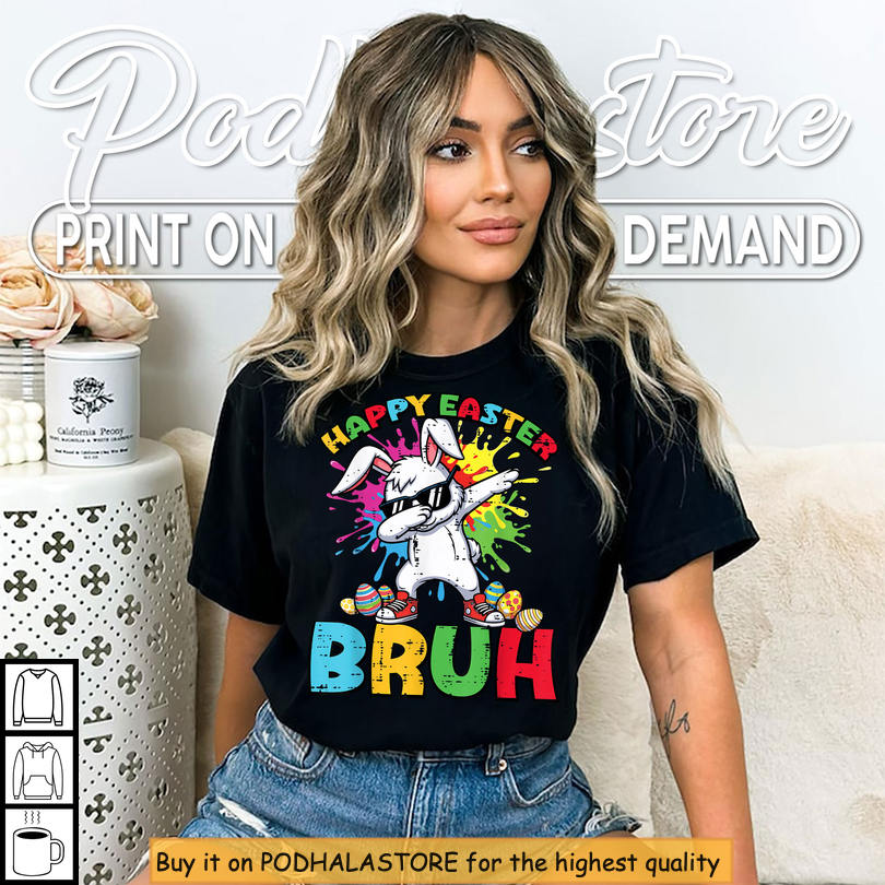 Bruh Dabbing Bunny Gift Funny Easter Shirts Boys Kids Men Graphic Tee