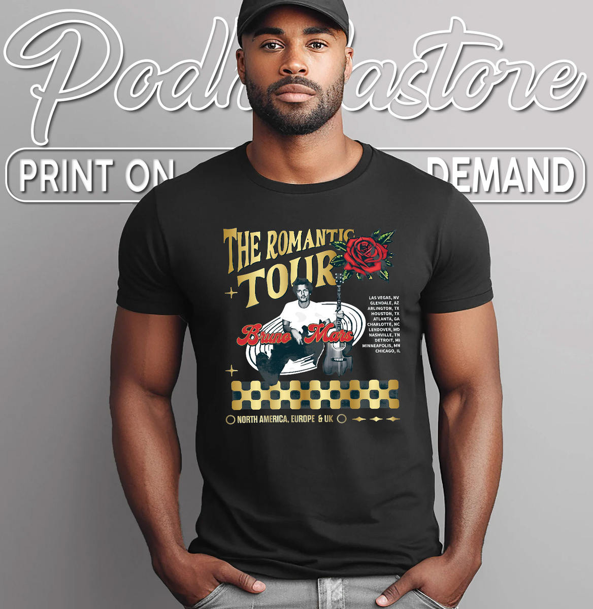 Bruno Mars The Romantic Tour North America Europe & UK Pop R&B Concert Tee Bruno Mars The Romantic Tour North America Europe & UK Pop R&B Concert Tee