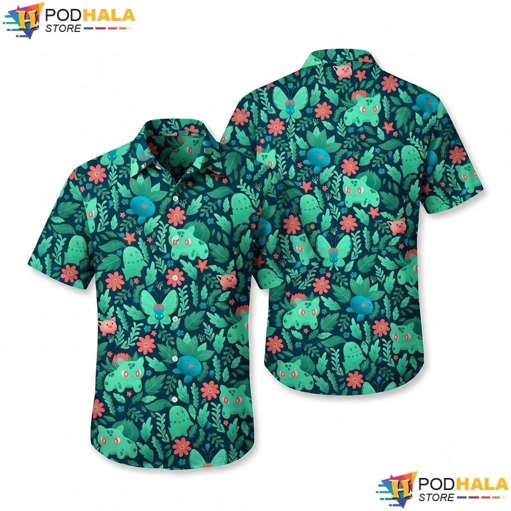 Bulbasaur Oddish Button Up Shirt Cute Floral Summer Beach Outfit Top
