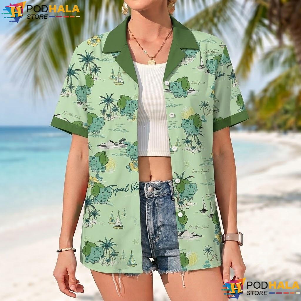 Bulbasaur Tropical Short-sleeve button-up shirt Cute Anime Summer Casual Aloha Top Bulbasaur Tropical Short-sleeve button-up shirt Cute Anime Summer Casual Aloha Top