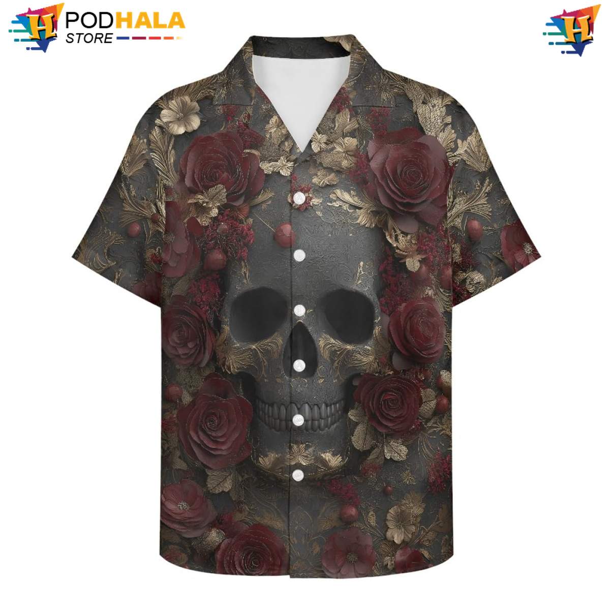 Burgundy Rose Skull Hawaiian Shirt Mens Floral Beach Button Down Summer Top