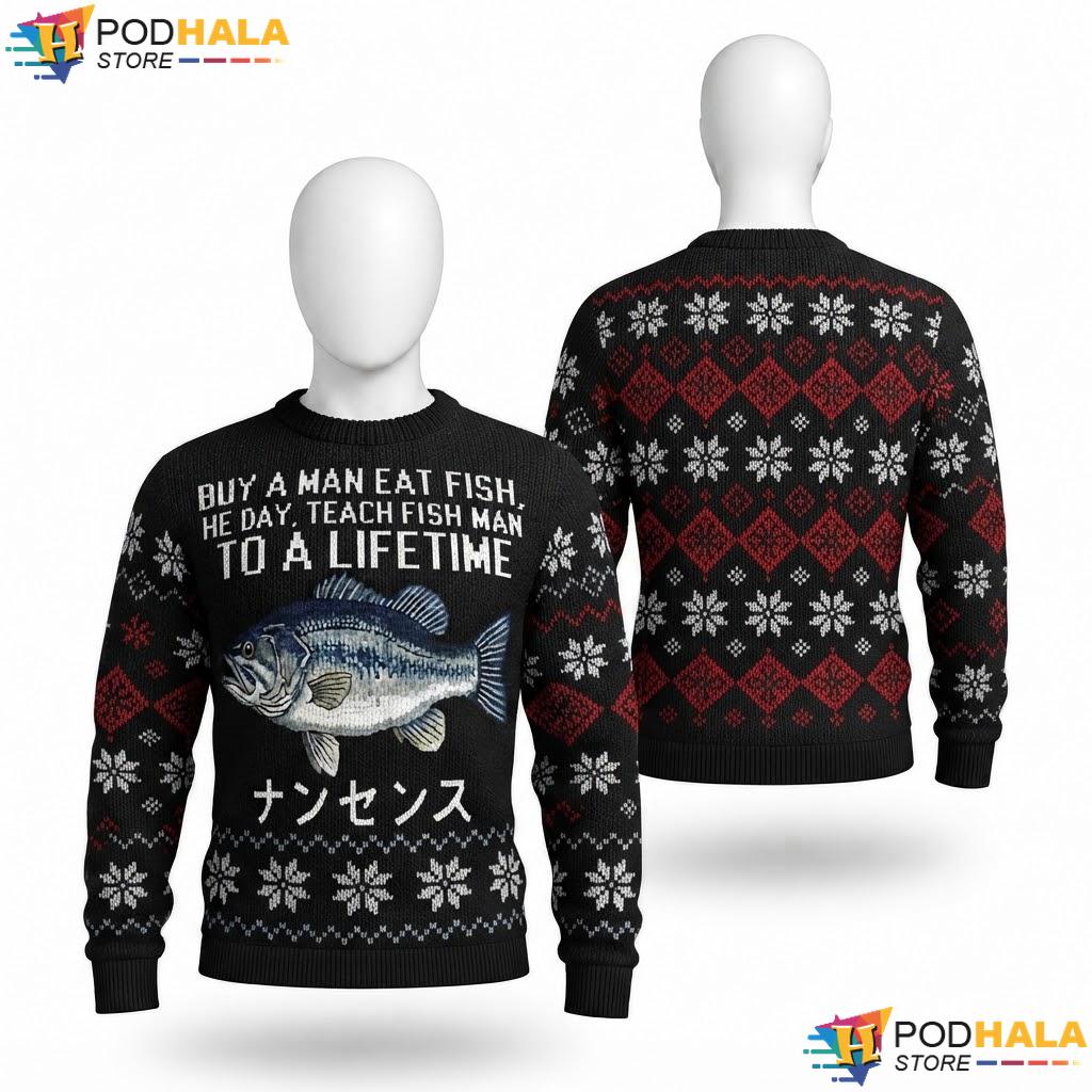 Buy Man Eat Fish Ugly Christmas Sweater Funny Mens Holiday Apparel