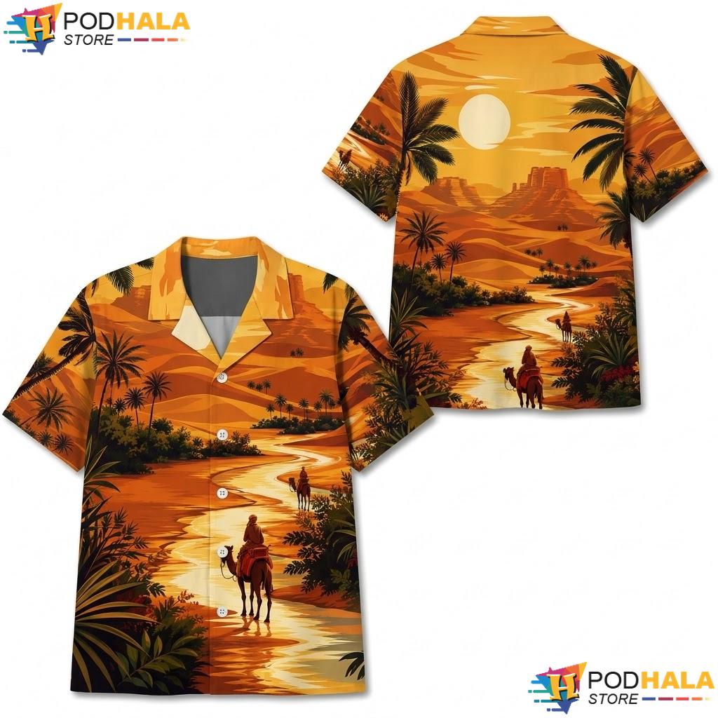Camel Rider Palm Tree Hawaiian Shirt Orange Sunset Graphic Summer Top