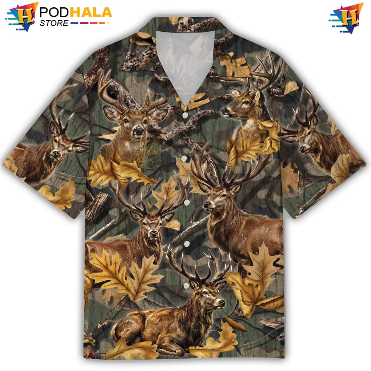 Camo Buck Aloha Shirt Mens Tropical Beach Button Down Festival Camp Gear