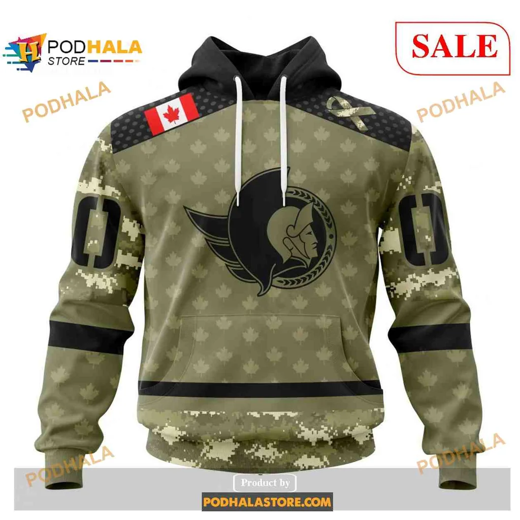 Camo Ottawa Senators Military Appreciation 3d Hoodie With Canadian Flag