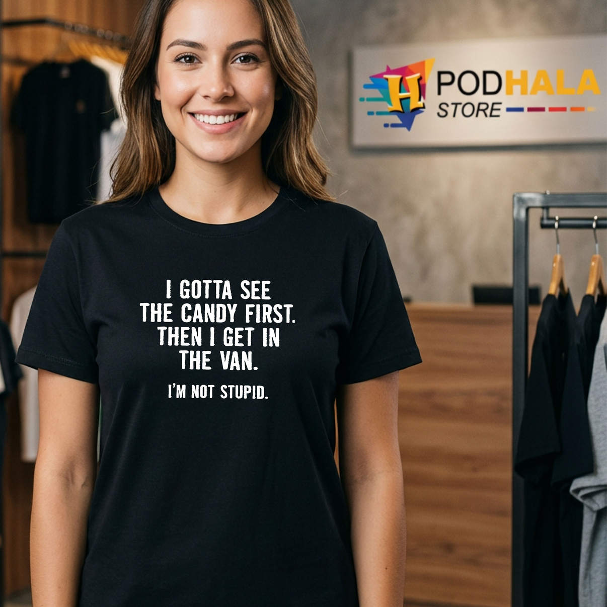 Candy First Then I Get In The Van Shirt Funny Meme Graphic Humor Casual Mens