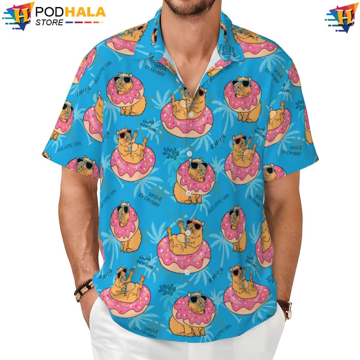 Capybara Donut Hawaiian Shirt Funny Novelty Mens Short Sleeve Beach Outfit