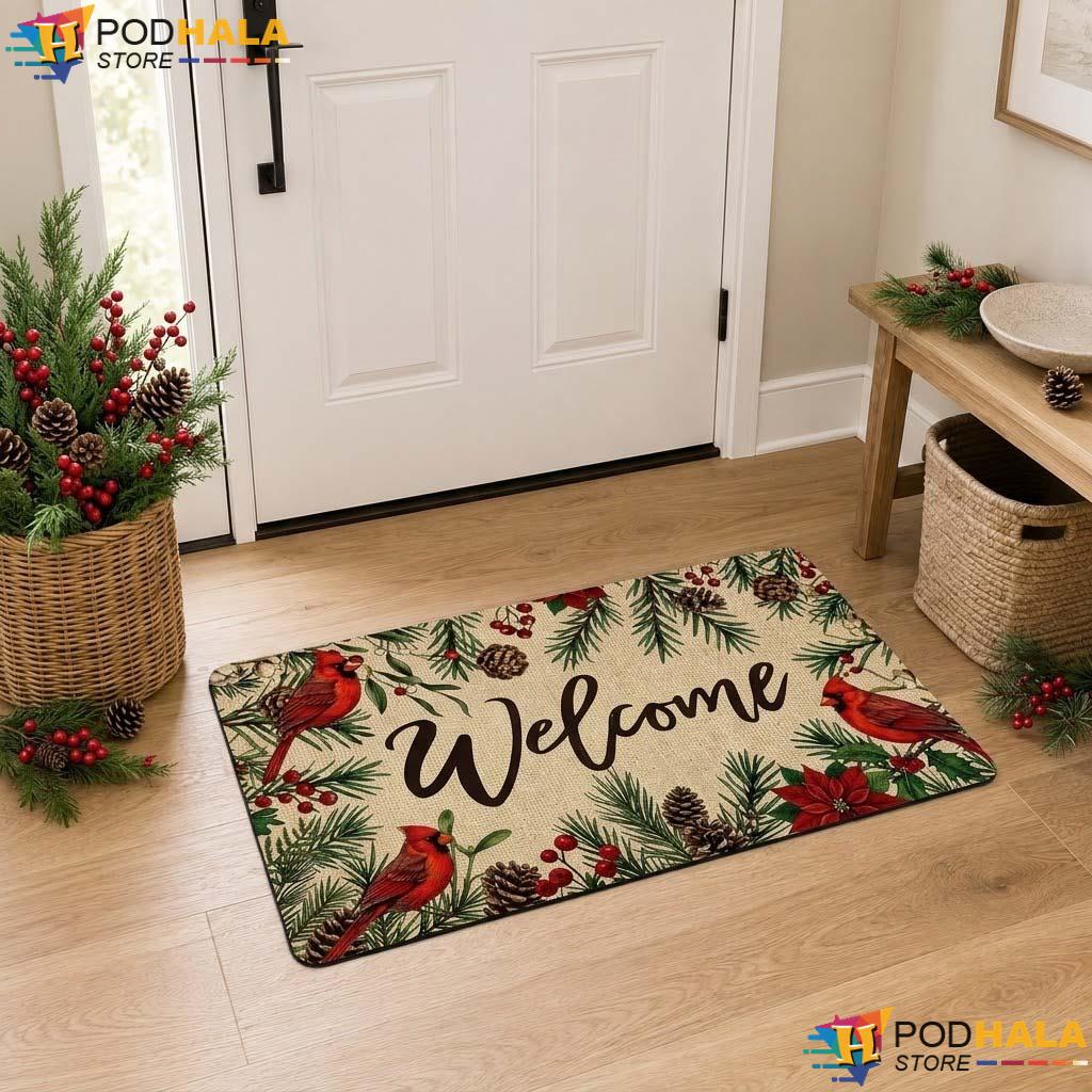 Cardinal Pine Welcome Doormat Festive Rustic Red Bird Floral Entrance Rug
