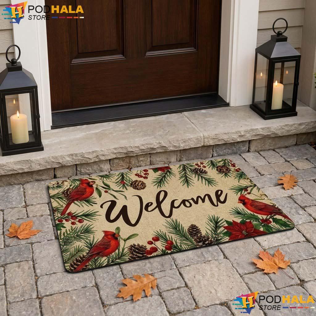 Cardinal Pine Welcome Doormat Festive Rustic Red Bird Floral Entrance Rug - View 1 Cardinal Pine Welcome Doormat Festive Rustic Red Bird Floral Entrance Rug - View 1
