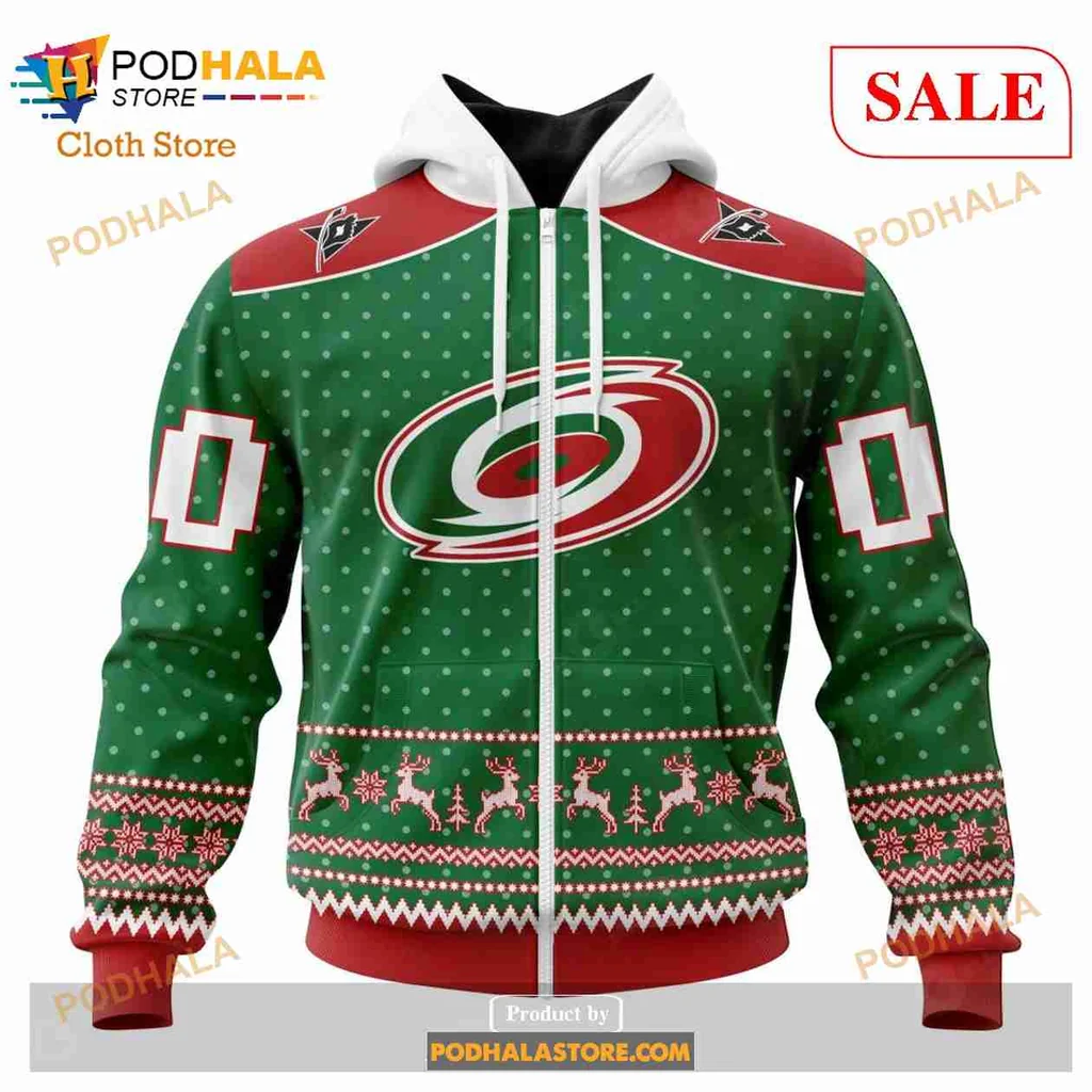 Carolina Hurricanes Christmas Hoodie With Festive Polka Dots And Reindeer - View 1 Carolina Hurricanes Christmas Hoodie With Festive Polka Dots And Reindeer - View 1