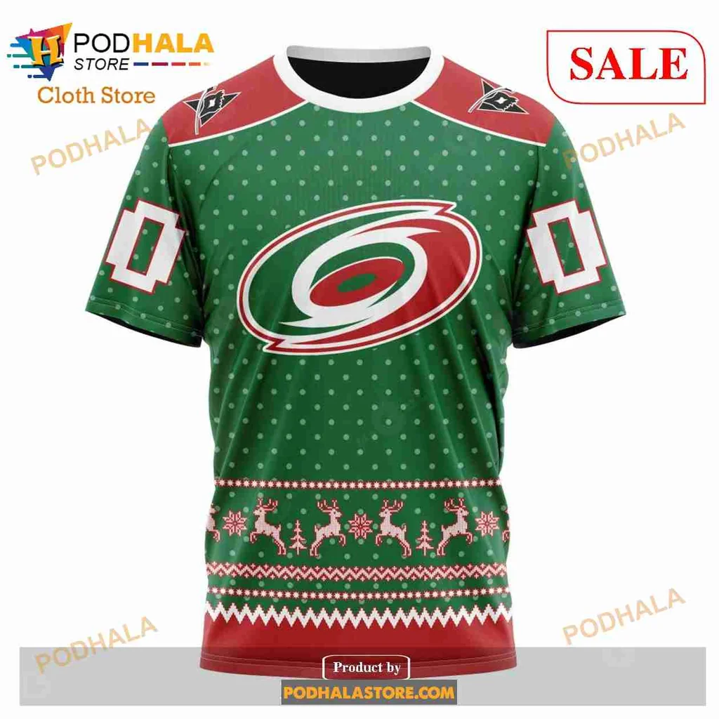 Carolina Hurricanes Christmas Hoodie With Festive Polka Dots And Reindeer - Product View 6 Carolina Hurricanes Christmas Hoodie With Festive Polka Dots And Reindeer - Product View 6