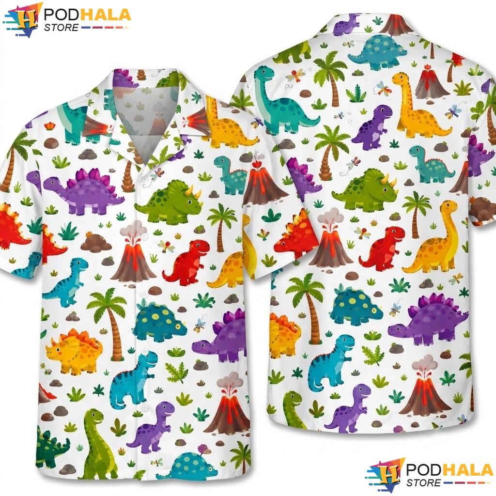 Cartoon Volcano Dinosaur Hawaiian Shirt Palm Tree Graphic Summer Top