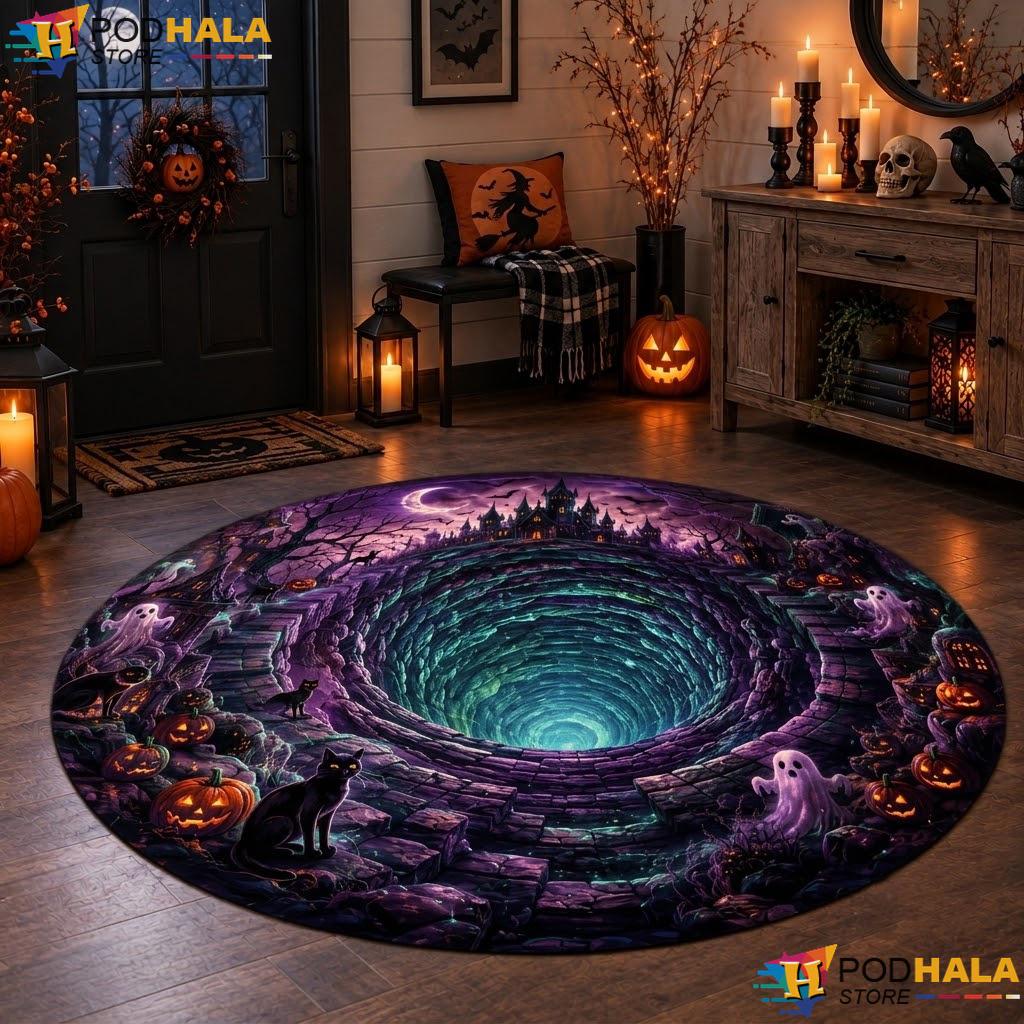 Castle Ghost Pumpkin Halloween Round Area Rug Spooky Black Cat Gothic