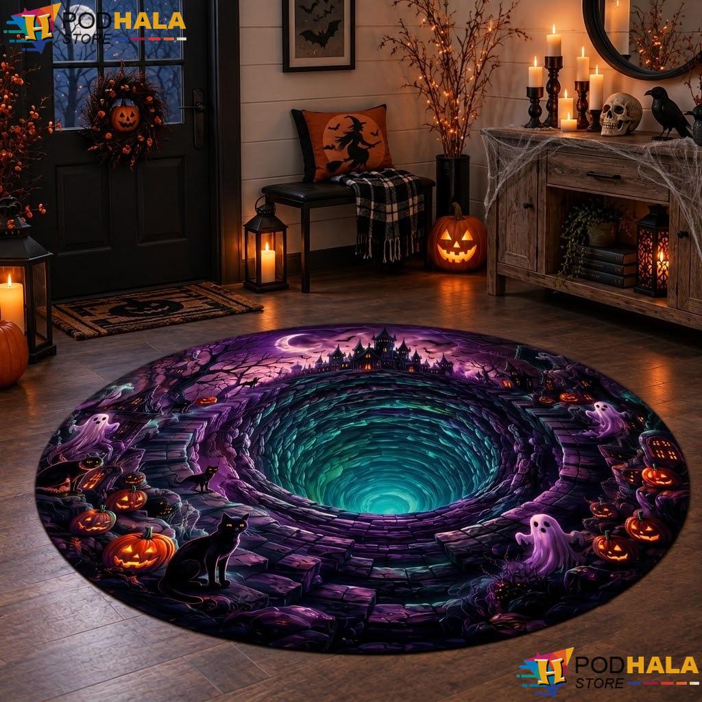 Castle Ghost Pumpkin Halloween Round Area Rug Spooky Black Cat Gothic - View 1 Castle Ghost Pumpkin Halloween Round Area Rug Spooky Black Cat Gothic - View 1