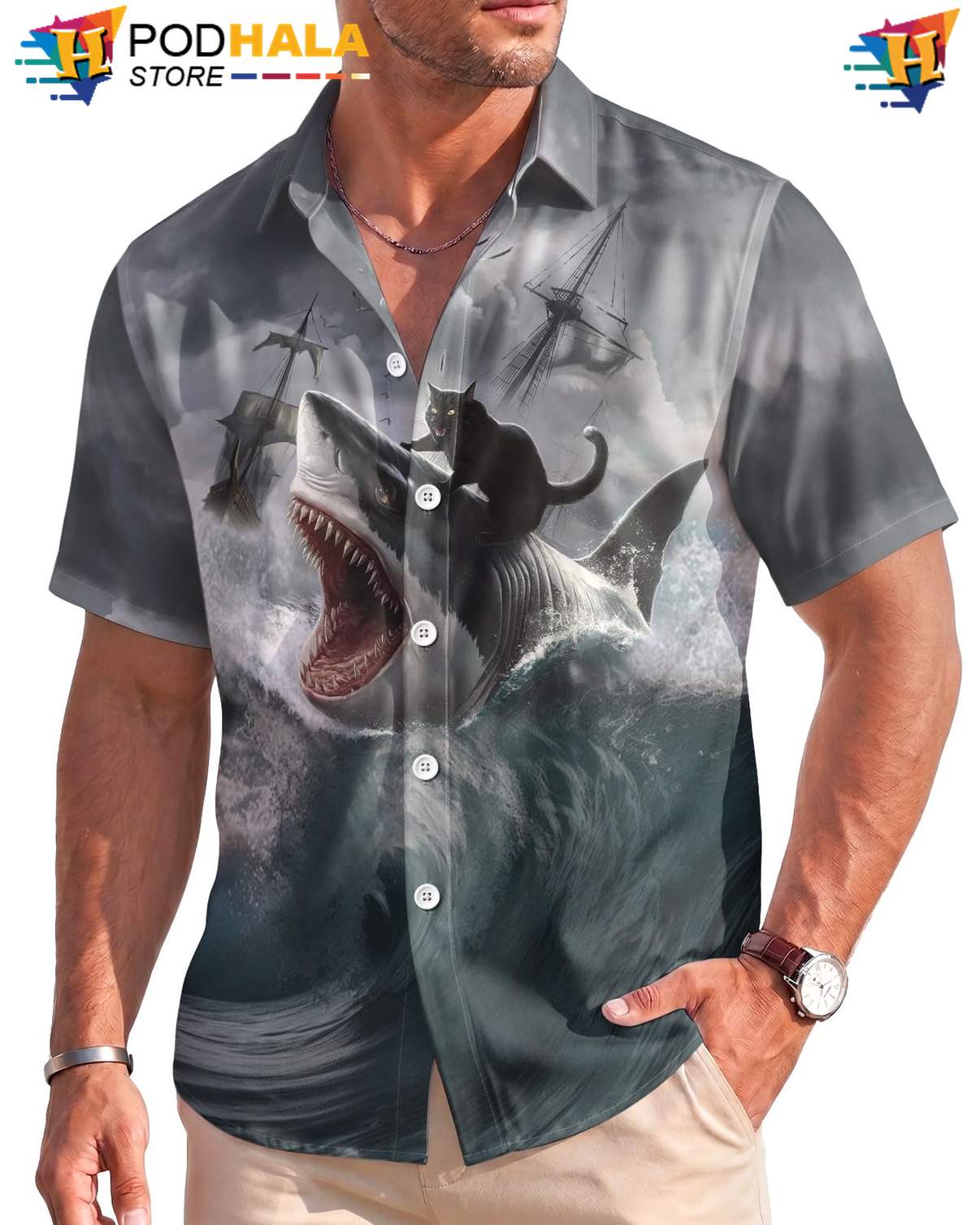 Cat And Shark Hawaiian Shirt Mens Novelty Stretch Lightweight Beachwear Top