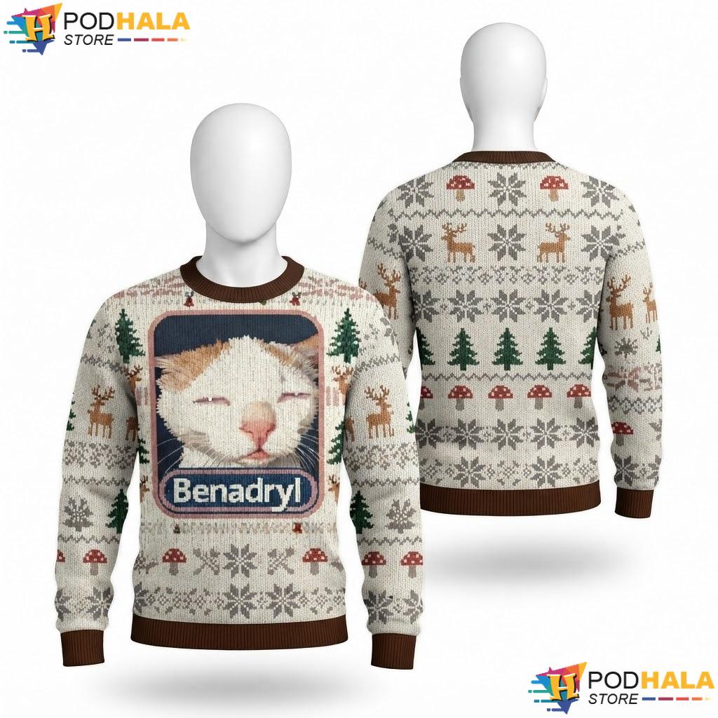 Cat Benadryl Reindeer Ugly Xmas Sweater Cute Festive Christmas Apparel