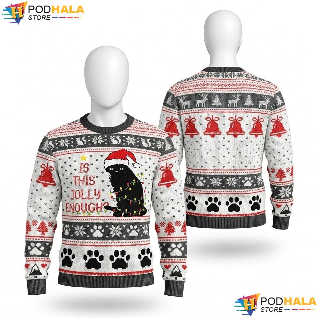 Cat Black Lights Ugly Christmas Sweater Playful Jolly Funny Knit Top