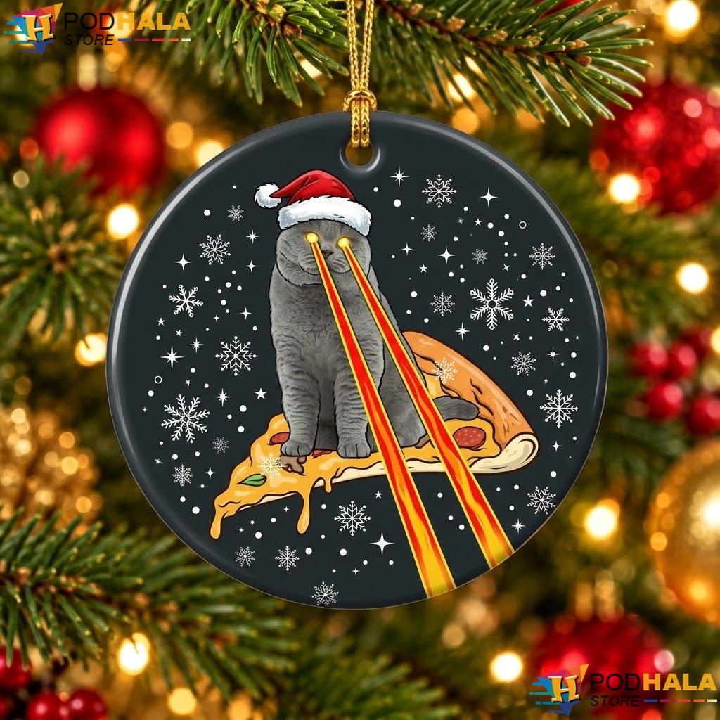 Cat Laser Eyes Pizza Christmas Ornament Funny Festive Holiday Decor Gift
