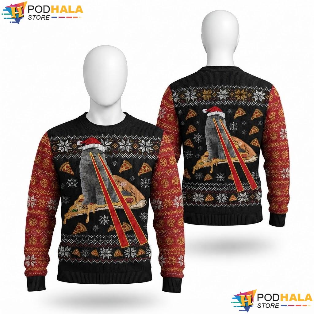 Cat Laser Eyes Pizza Christmas Sweater Funny Festive Holiday Top