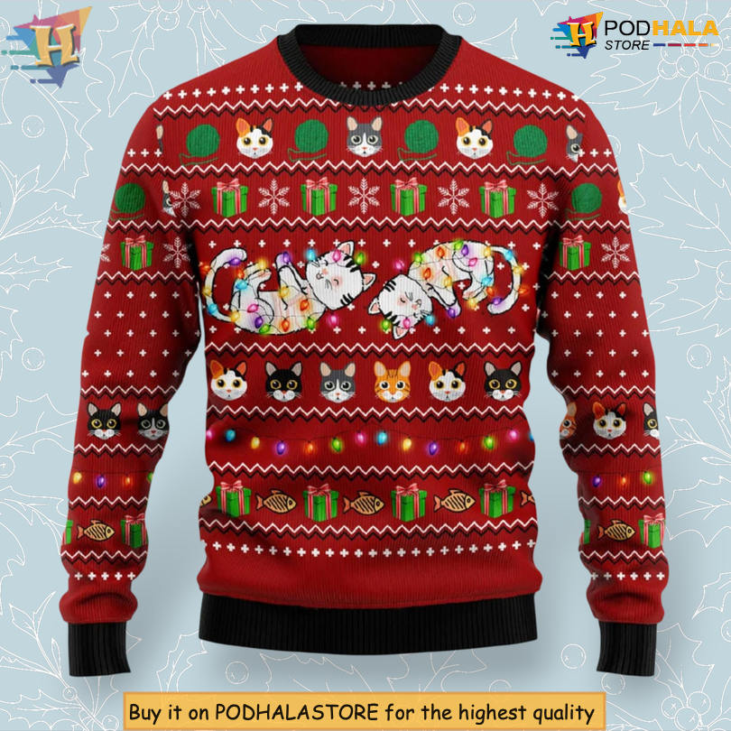 Cat Light Up Pattern Funny Holiday Party Christmas Sweater