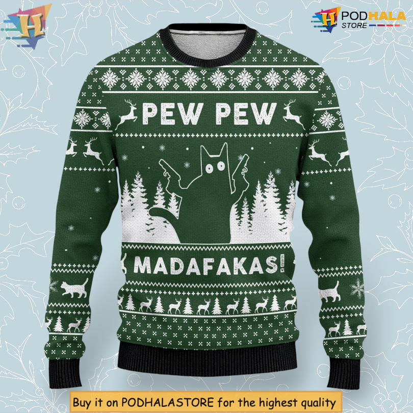 Cat Pew Pew Madafakas Meme Graphic Unisex Christmas Sweater