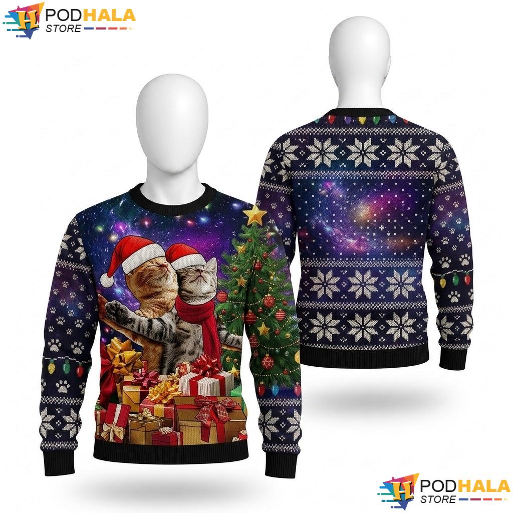 Cat Santa Gifts Ugly Xmas Sweater Funny Holiday Mens Graphic Knit Top