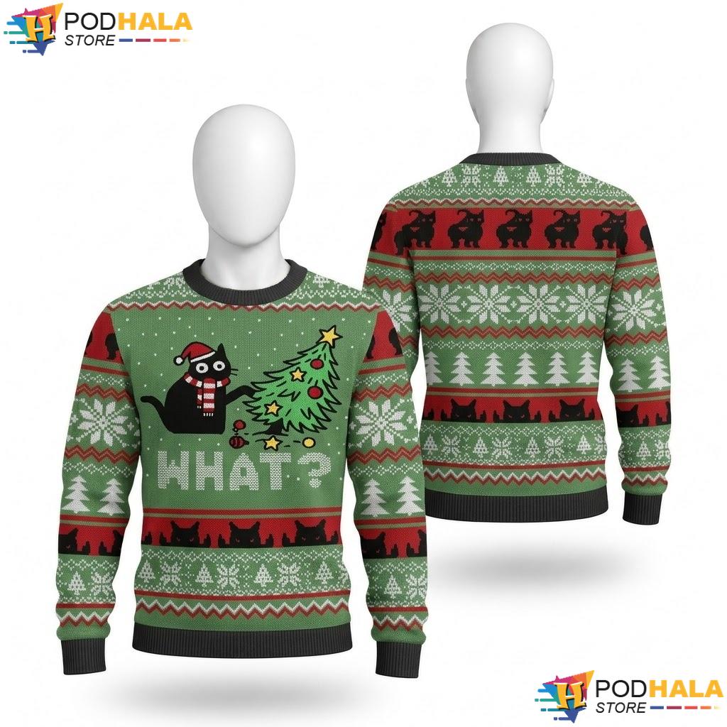 Cat Santa Hat Ugly Christmas Sweater Funny Black Festive Pattern Knit