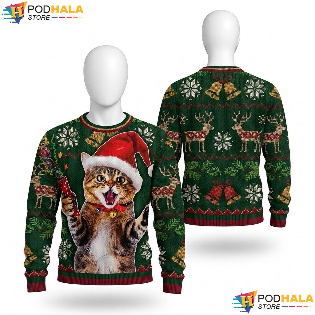 Cat Santa Hat Ugly Xmas Sweater Quirky Funny Festive Holiday Outfit
