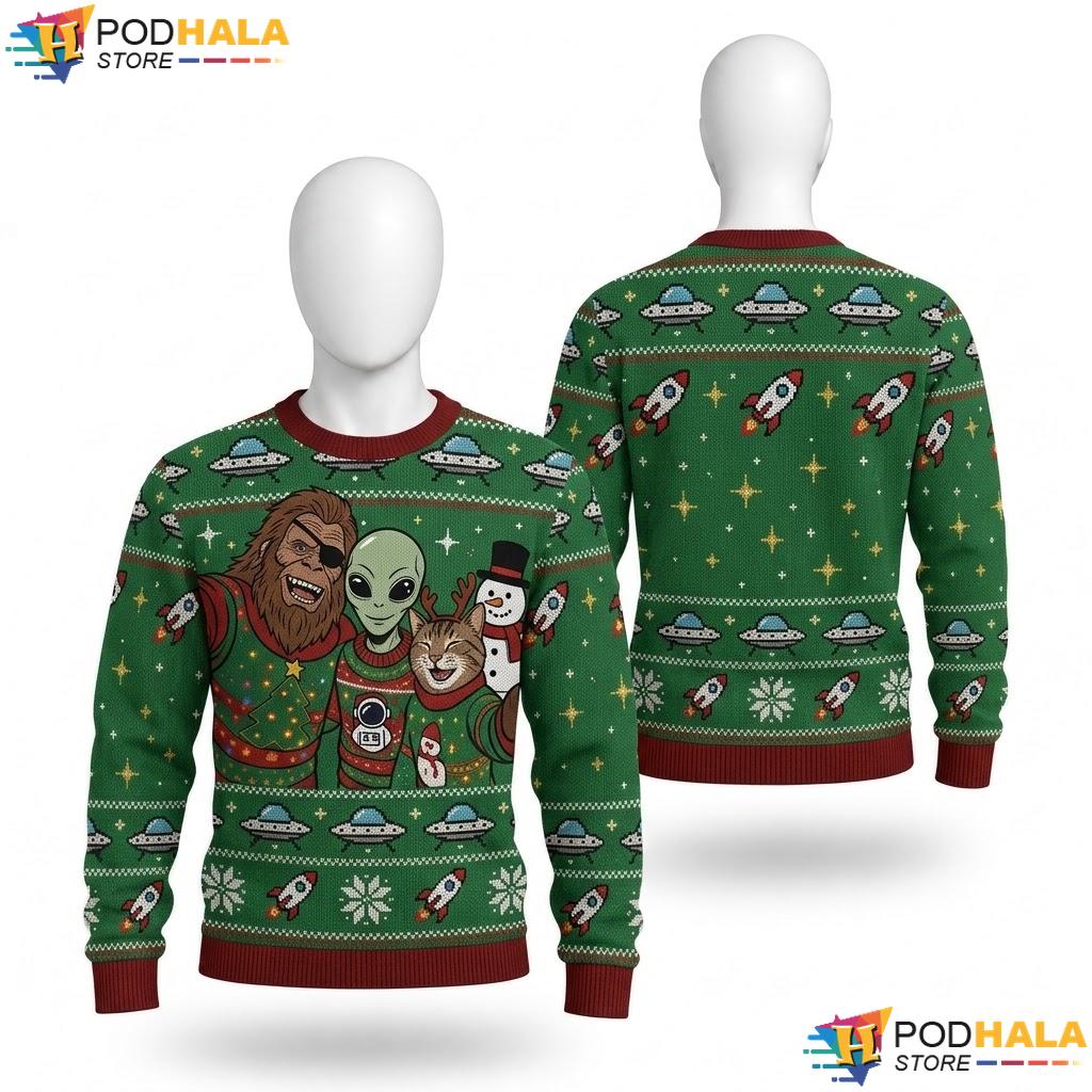 Cat Selfie Bigfoot Alien Ugly Christmas Sweater Funny Holiday Top