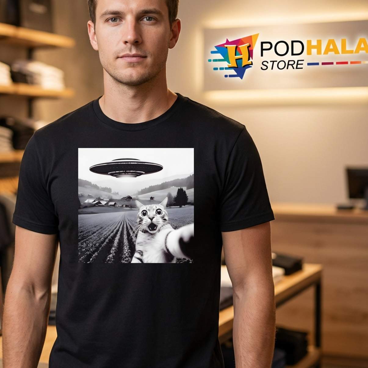 Cat Selfie With Alien UFO Shirt Space Extraterrestrial Funny Graphic Design