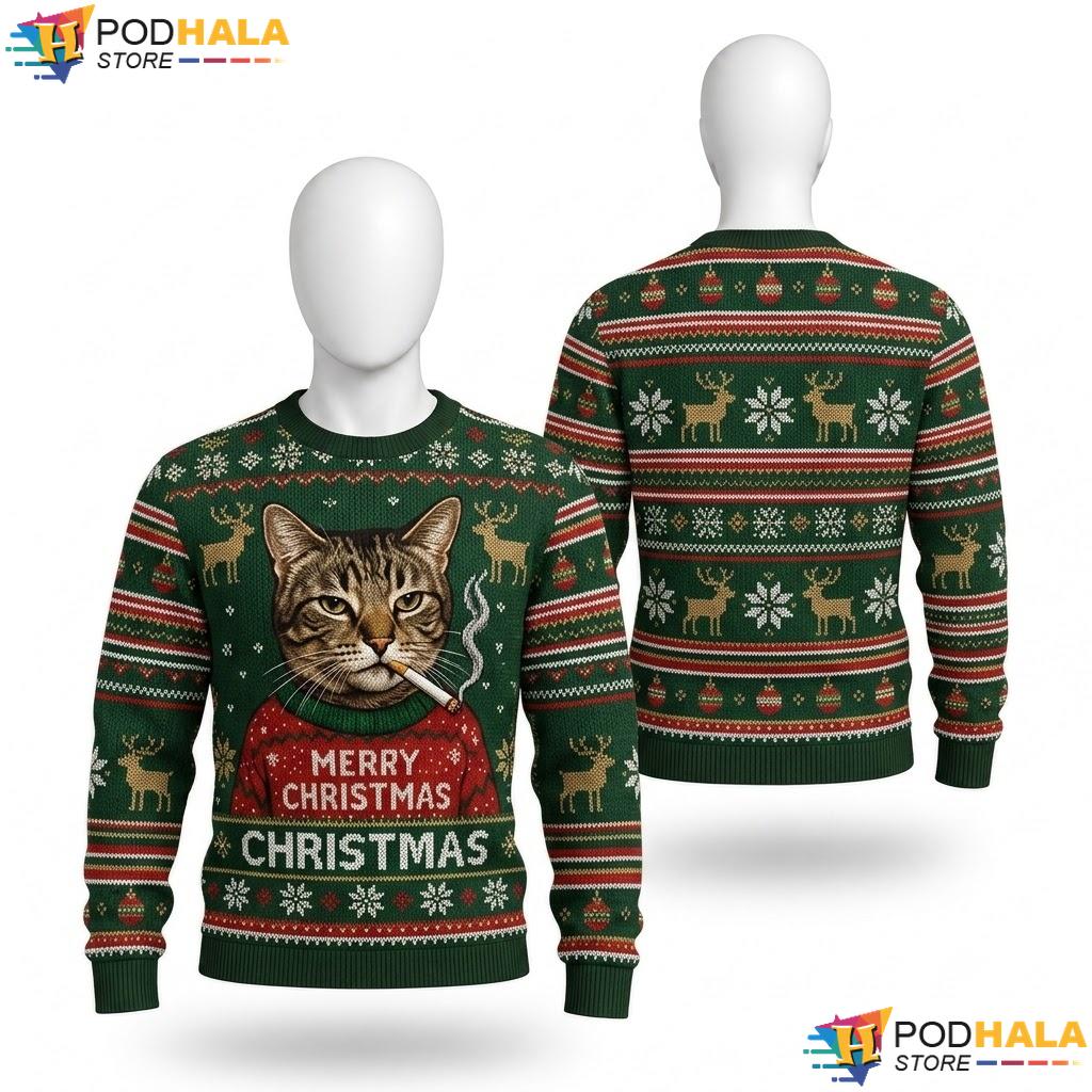 Cat Smoking Tabby Vintage Ugly Christmas Sweater Funny Xmas Lovers Top