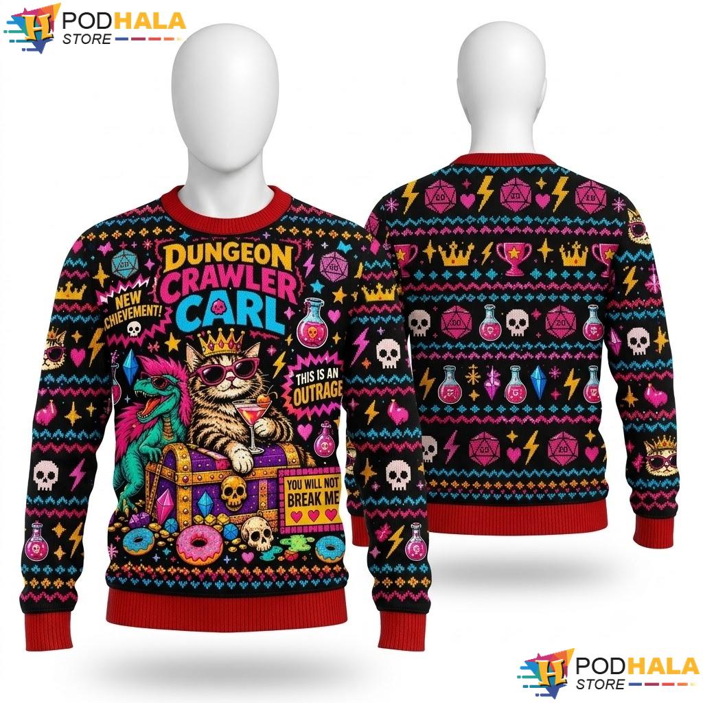 Cat Treasure Dungeon Crawler Ugly Christmas Sweater Fantasy Xmas Outfit