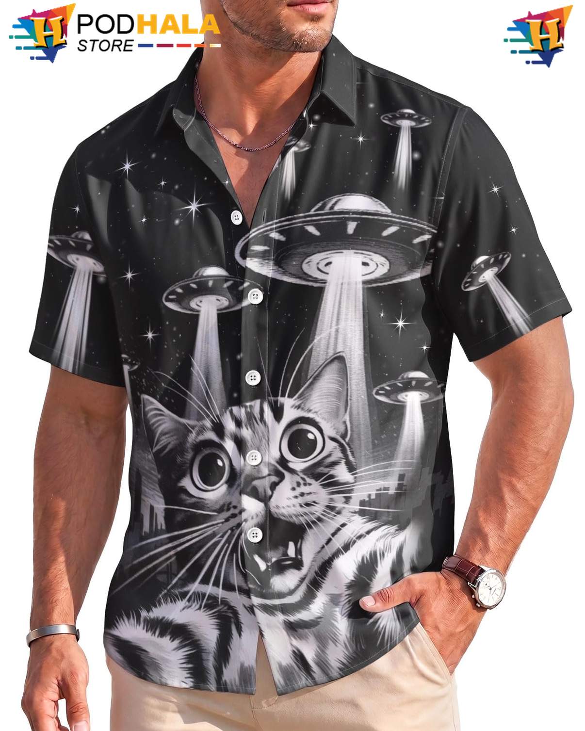 Cat UFO Hawaiian Shirt Mens Novelty Lightweight Stretch Beach Resort Outfit