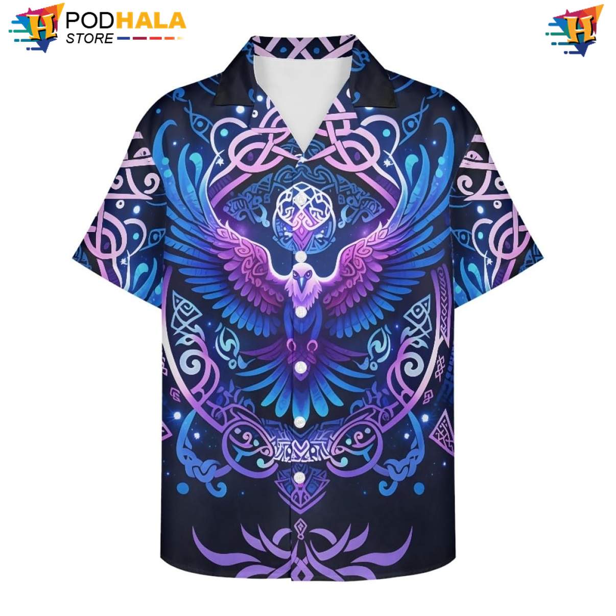 Celestial Raven Aloha Shirt Mens Norse Mythology Graphic Resort Wear Top