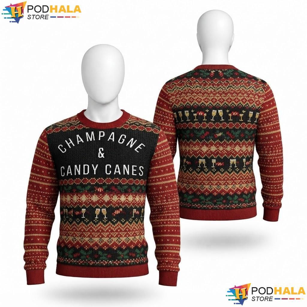 Champagne Candy Canes Christmas Sweater Cute Funny Holiday Gift Top