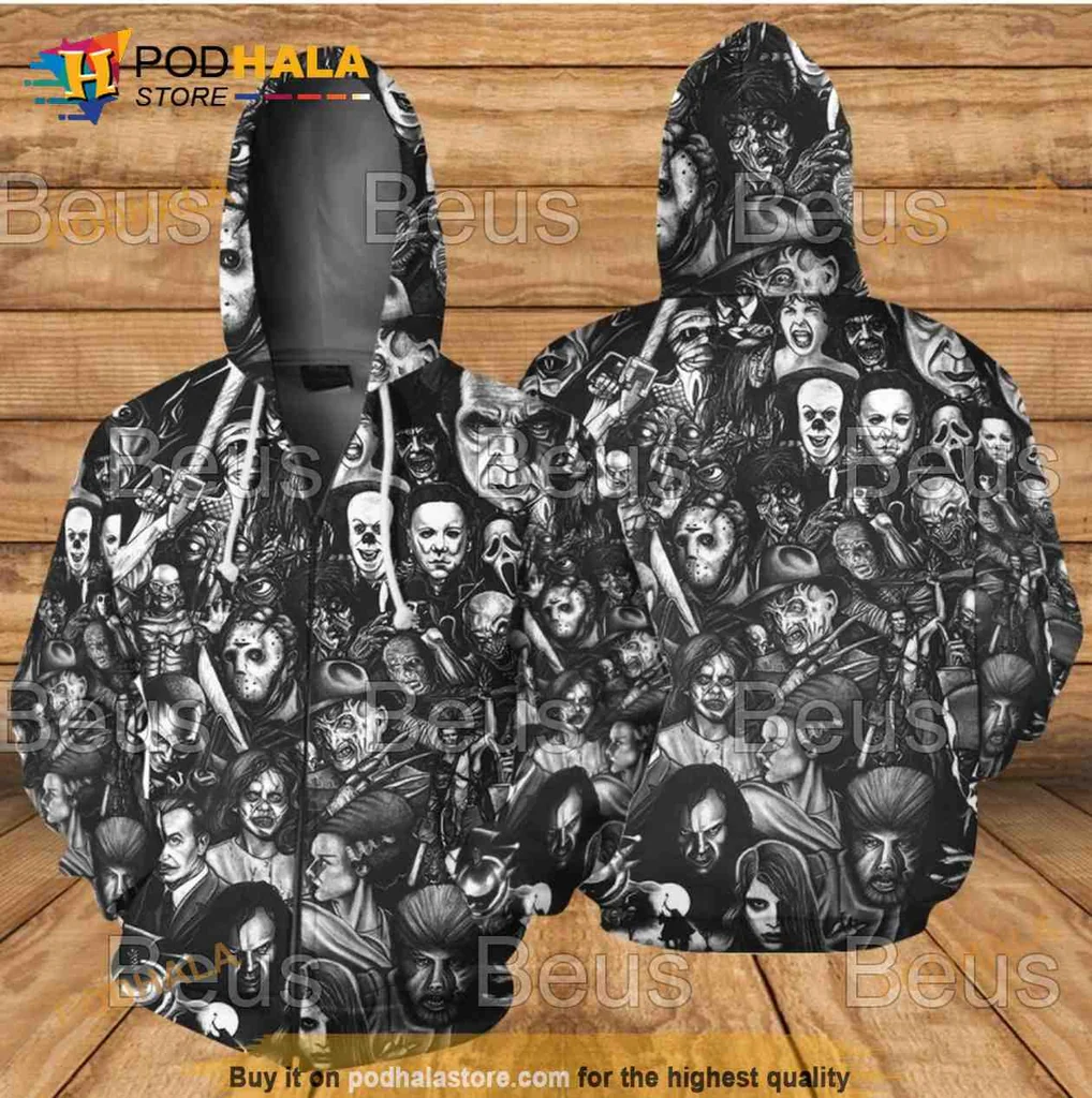Chaotic Horror Movie Villains 3d Hoodie Featuring Iconic Characters In Graphic Design