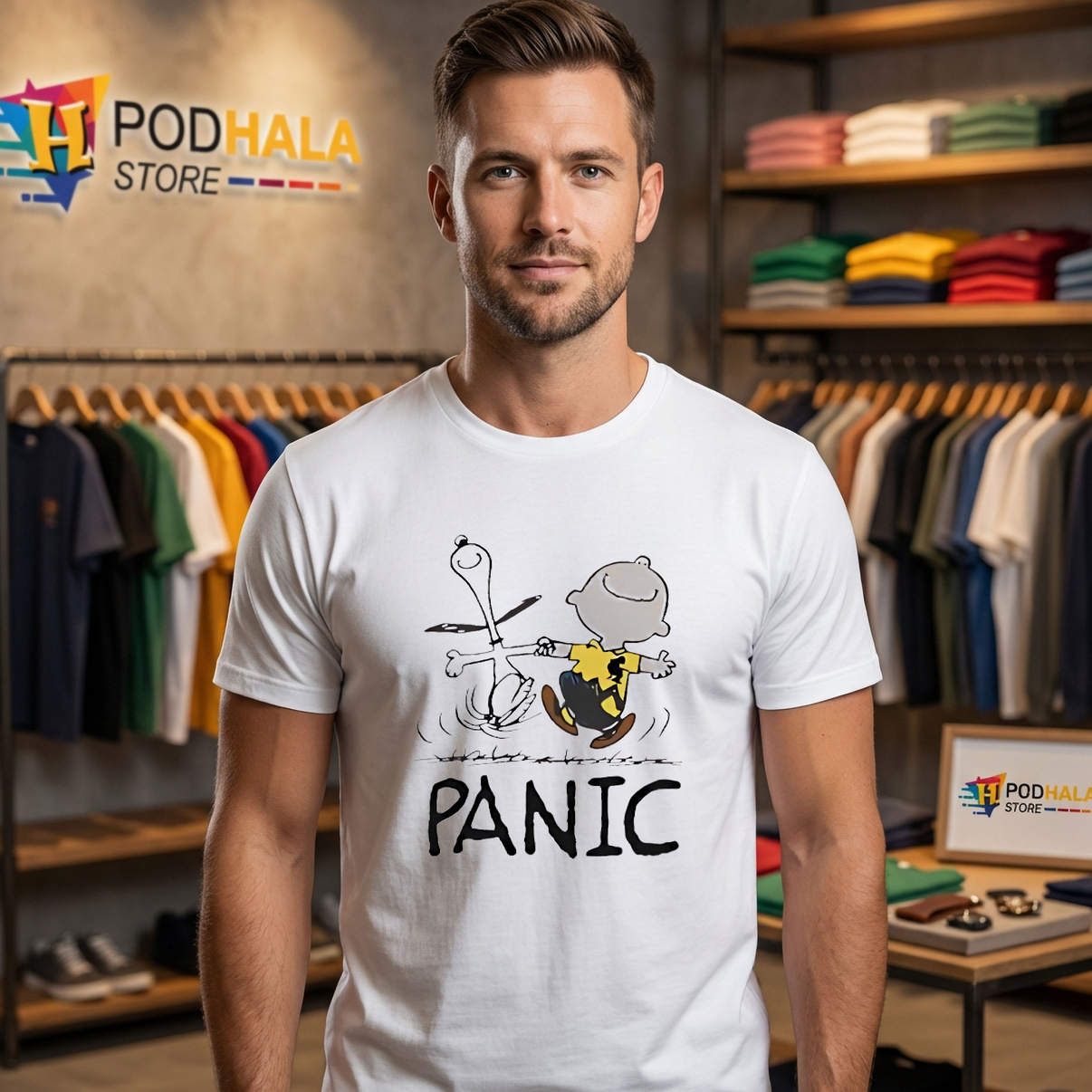 Charlie Brown Snoopy Dancing Shirt Peanuts Panic Funny Graphic Casual Mens