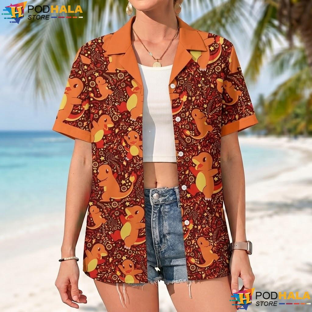 Charmander Fire Short-sleeve button-up shirt Cute Kawaii Pattern Anime Summer Top Charmander Fire Short-sleeve button-up shirt Cute Kawaii Pattern Anime Summer Top