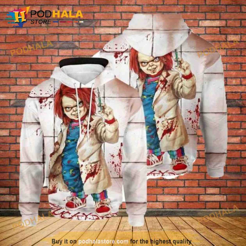Cheeky Horror Doll 3d Hoodie With Playful Graphic And Blood Splatter