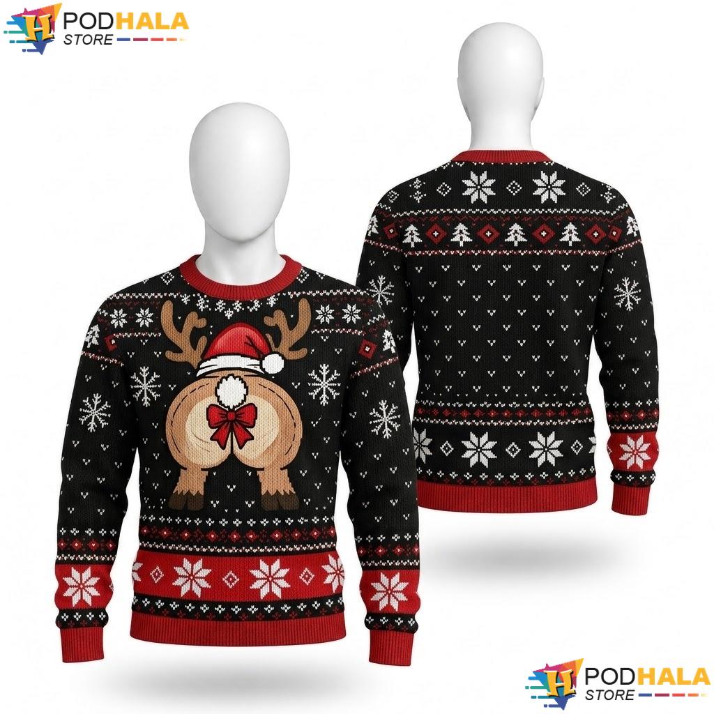 Cheeky Reindeer Red Black Ugly Xmas Sweater Funny Christmas Graphic Top