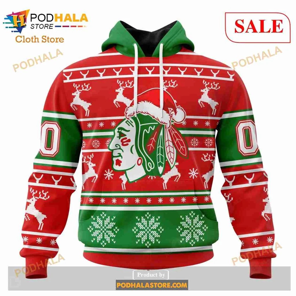 Cheerful Christmas Chicago Blackhawks 3d Hoodie With Santa Hat And Snowflakes