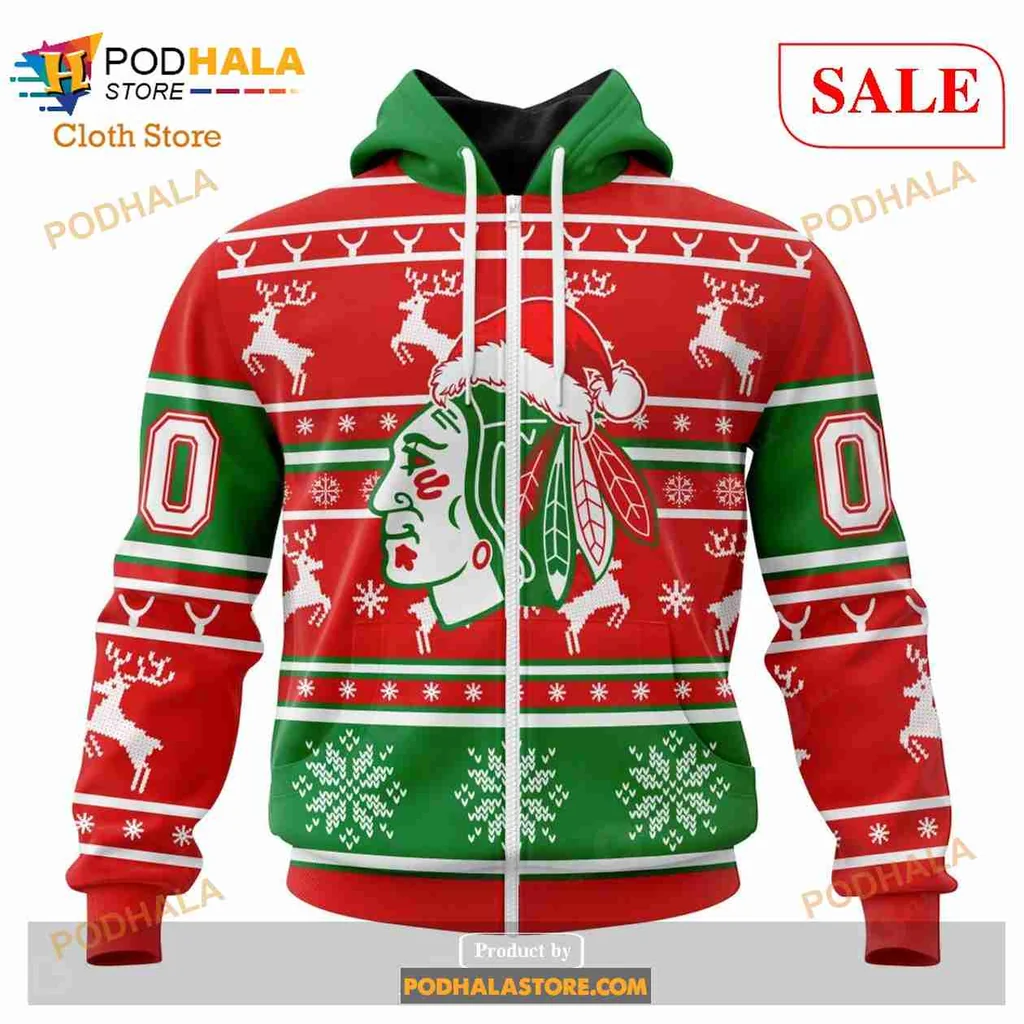 Cheerful Christmas Chicago Blackhawks All Over Print Hoodie With Santa Hat And Snowflakes Cheerful Christmas Chicago Blackhawks All Over Print Hoodie With Santa Hat And Snowflakes