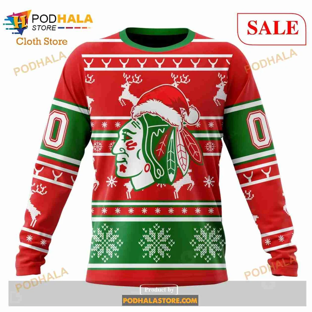Cheerful Christmas Chicago Blackhawks 3D Print Hoodie With Santa Hat And Snowflakes Cheerful Christmas Chicago Blackhawks 3D Print Hoodie With Santa Hat And Snowflakes